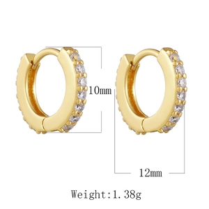 Macro shot showing 10mm gold earrings with cubic zirconia pavé and size dimensions