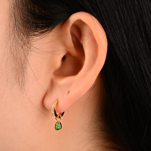 S925 sterling silver gold huggie earrings with pear-cut emerald zircon drop stones