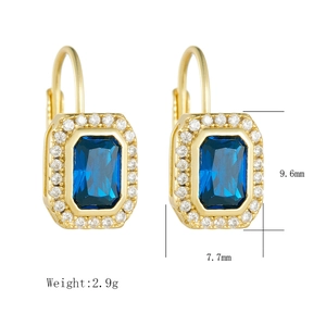 Detail view of s925 silver gold earrings with blue zircon showing dimensions 9.6x7.7mm