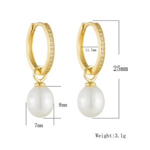 Detailed view of gold pearl earrings with zircon inlay showing size and weight specs