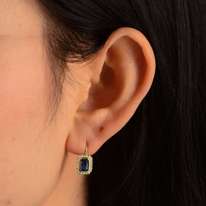 French vintage style S925 silver gold plated earrings with square blue zircon stones