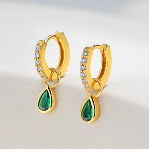 925 Sterling Silver Emerald Green Zirconia Teardrop Huggie Hoop Dangle Earrings For Women Luxury Vintage Jewelry