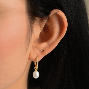 S925 sterling silver gold drop earrings with white pearls and micro-pave zircons