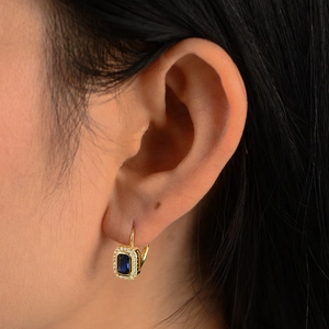 Vintage s925 gold-plated rectangular blue zircon drop earrings with pavé diamond halo