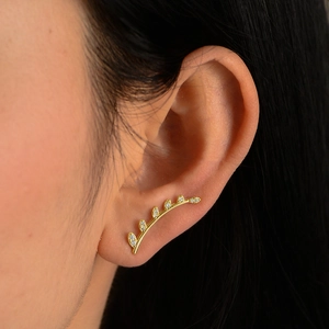 Elegant gold leaf ear climber earrings with sparkling zircon stones for women