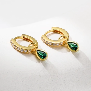 Elegant 18K gold-plated hoop earrings with emerald green teardrop zirconia pendants