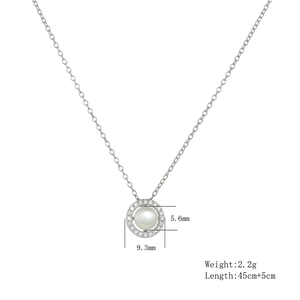 Detail showing 5.6mm natural pearl pendant with zircon halo on S925 silver chain