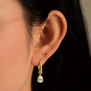 Elegant S925 silver gold-plated hoop earrings with pear-cut zircon teardrop pendants