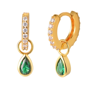 Elegant gold drop earrings with emerald green zircon in waterdrop shape and micro-pave crystals