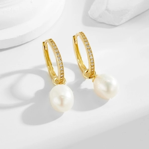 925 Sterling Silver Hoop Drop Earrings With Natural Artificial Pearl Cubic Zirconia Gold Plated French Style Elegant For Women