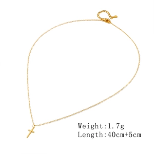 Detail view of gold cross pendant with 1.7g weight and 40cm plus 5cm length specs