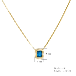 Detail of 9.6x7.7mm blue zircon square pendant with dimensions and 45+5cm chain specs