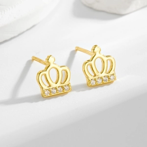 925 Sterling Silver Crown Stud Earrings Elegant Gold Plated Rhinestone Ear Studs Minimalist Jewelry Gift For Women