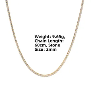 Detail view of gold tennis necklace with 2mm zircon stones, 60cm length and 9.65g weight