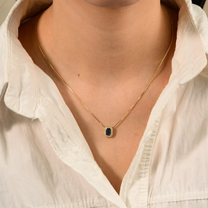 French style 18K gold S925 silver necklace with rectangular blue zircon halo pendant