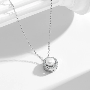 925 Sterling Silver Pendant Necklace With Round Artificial Pearl And Cubic Zirconia Halo French Vintage Elegant For Women Clavicle Chain