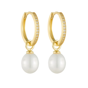 Elegant gold S925 sterling silver hoop earrings with white pearls and sparkling zircons