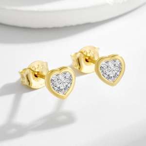 925 Sterling Silver Heart Stud Earrings For Women Minimalist Gold Plated Rhinestone Inlaid Sweet Small Heart Earrings Jewelry