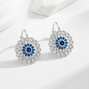 Boucles d'Oreilles Pendantes Tournesol en Argent Sterling 925 Strass Bleu Incrusté Bijoux de Mode pour Femmes Accessoires
