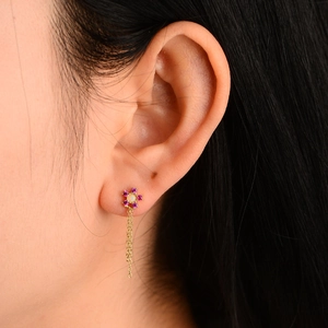 S925 sterling silver flower drop earrings with pink stones and long chain tassels