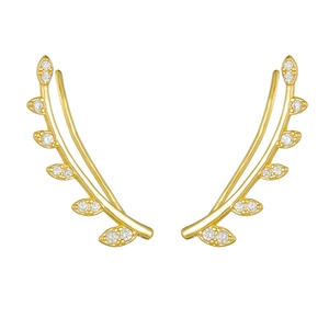 Elegant gold leaf ear climbers with cubic zirconia stones in minimalist sterling silver style