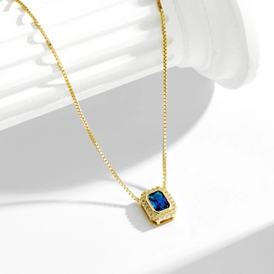 925 Sterling Silver Blue Zirconia Square Pendant Necklace Gold Plated Box Chain Luxury Vintage Clavicle Chain Jewelry For Women
