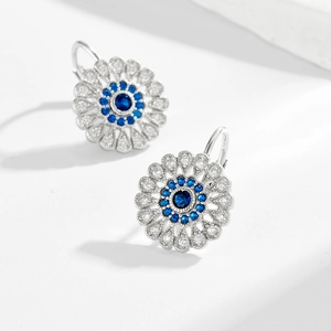 Boucles d'oreilles tournesol en argent S925 avec pierres bleues et zircons blancs