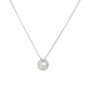 Elegant S925 silver necklace with a round pearl pendant surrounded by white zircons