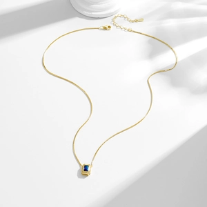 French style S925 silver gold-plated necklace with a square blue zircon pendant