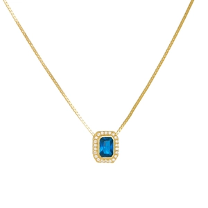 Elegant gold S925 sterling silver necklace with square blue zircon pendant and white crystals
