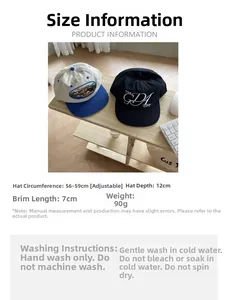 Detail view of cotton snapback hats with embroidery and adjustable size specifications