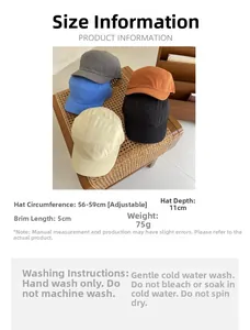 Adjustable five-panel cap size chart showing dimensions and various colors for unisex style