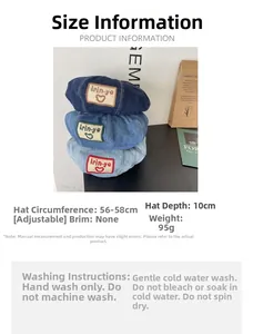Detailed size specs for denim berets showing 56-58cm adjustable brim and 10cm depth