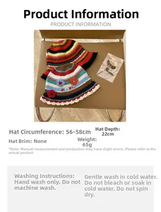Size specifications for a handmade crochet striped bucket hat with floral detail