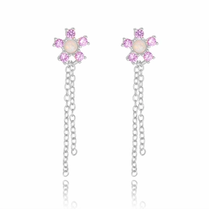 S925 silver flower tassel earrings with opal stones and pink zircon sparkling details