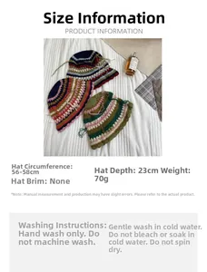 Detailed size chart and washing instructions for crochet striped knit bucket hat