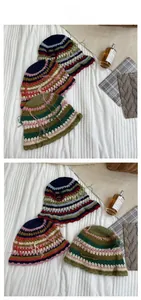 Detail of handmade crochet stripe bucket hats with vintage tassels and colorful patterns