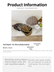Size guide for plaid beret showing adjustable 56-58cm head circumference and dimensions