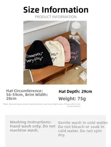 Size chart for embroidered slouchy beanie showing dimensions 56-59cm and care guide
