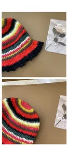 Detailed view of colorful striped crochet bucket hat featuring intricate handmade knit texture