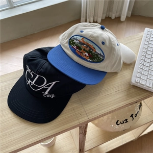 Streetwear flat brim caps with letter embroidery in black and beige blue cotton canvas