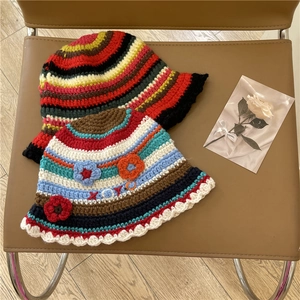 Handmade Crochet Striped Bucket Hat Acrylic Retro Warm Knit Flower XOXO Wavy Brim Winter Fisherman Hat For Women