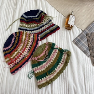 Handmade Crochet Stripe Tassel Bucket Hat Retro Acrylic Knitted Beanie With Scalloped Edge For Women Daily Outdoor Fashion