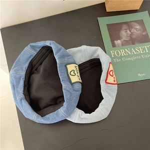 Vintage denim beret set in dark and light blue with stylish patch embroidery detail