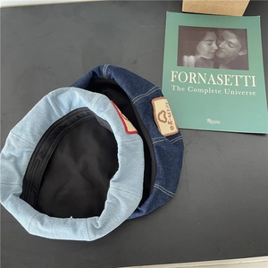 Retro denim beret caps in light and dark blue with heart patch and washed texture