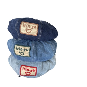 Three shades of denim beret hats with teddy bear patch for a retro Korean style