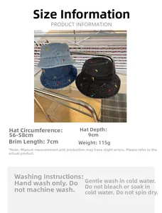 Close-up of cute dinosaur embroidery on washed denim bucket hats in three colors