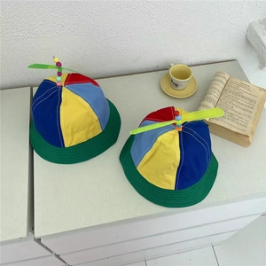 Children Multicolor Propeller Bucket Hat Creative Bamboo Dragonfly Color Block Sun Protection Outdoor Hat For Kids Toddlers