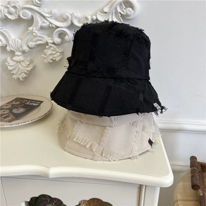 Japanese Style Retro Frayed Edge Bucket Hat For Women Foldable Acrylic Solid Color Distressed Outdoor Sun Hat