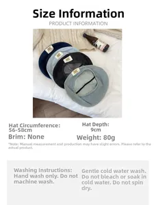 Size guide for vintage denim beret with 56-58cm head circumference and care instructions